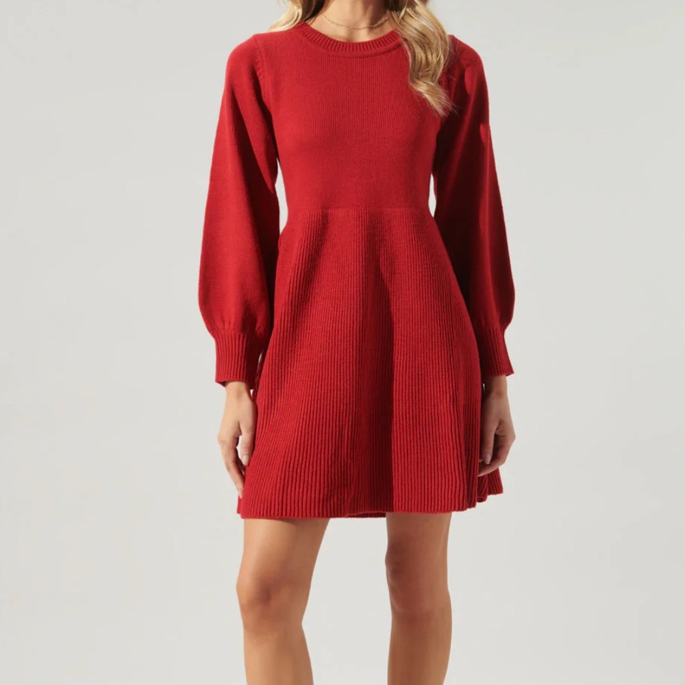 Sugarlips Red Long Sleeve Sweater Dress Rock The Bells Balloon Sleeve Preppy